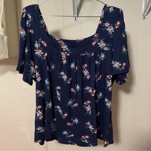 Lucky Brand Floral Navy Square Neck Blouse Top | Size XL